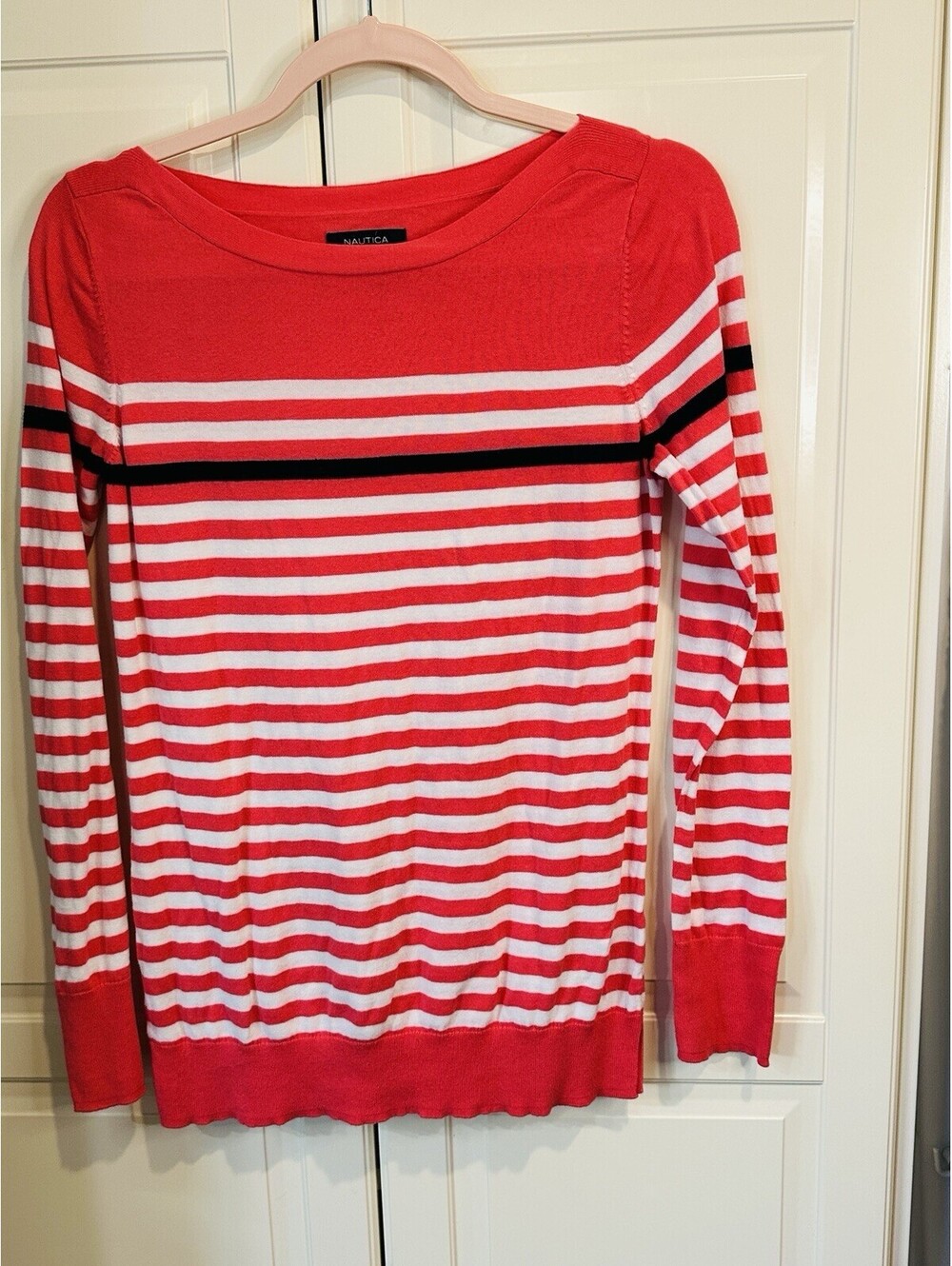 Nautica Coral and White Striped Long-Sleeve with Navy accent Stripe Size M